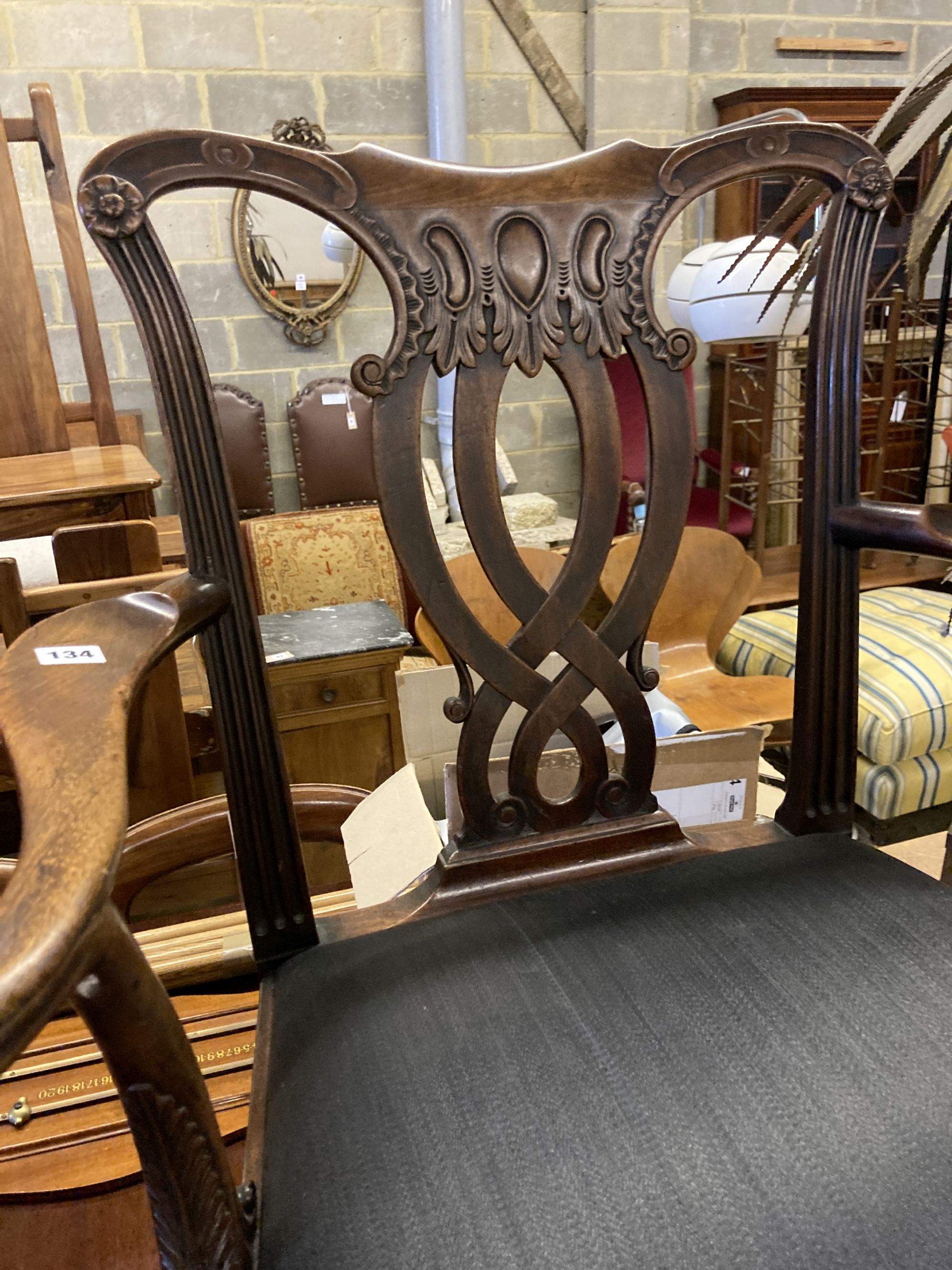 A George III mahogany elbow chair with horsehair drop in seat, width 76cm, depth 50cm, height 93cm